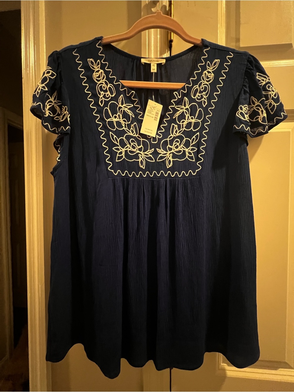 Maurices Navy Top with White Floral Embroidery